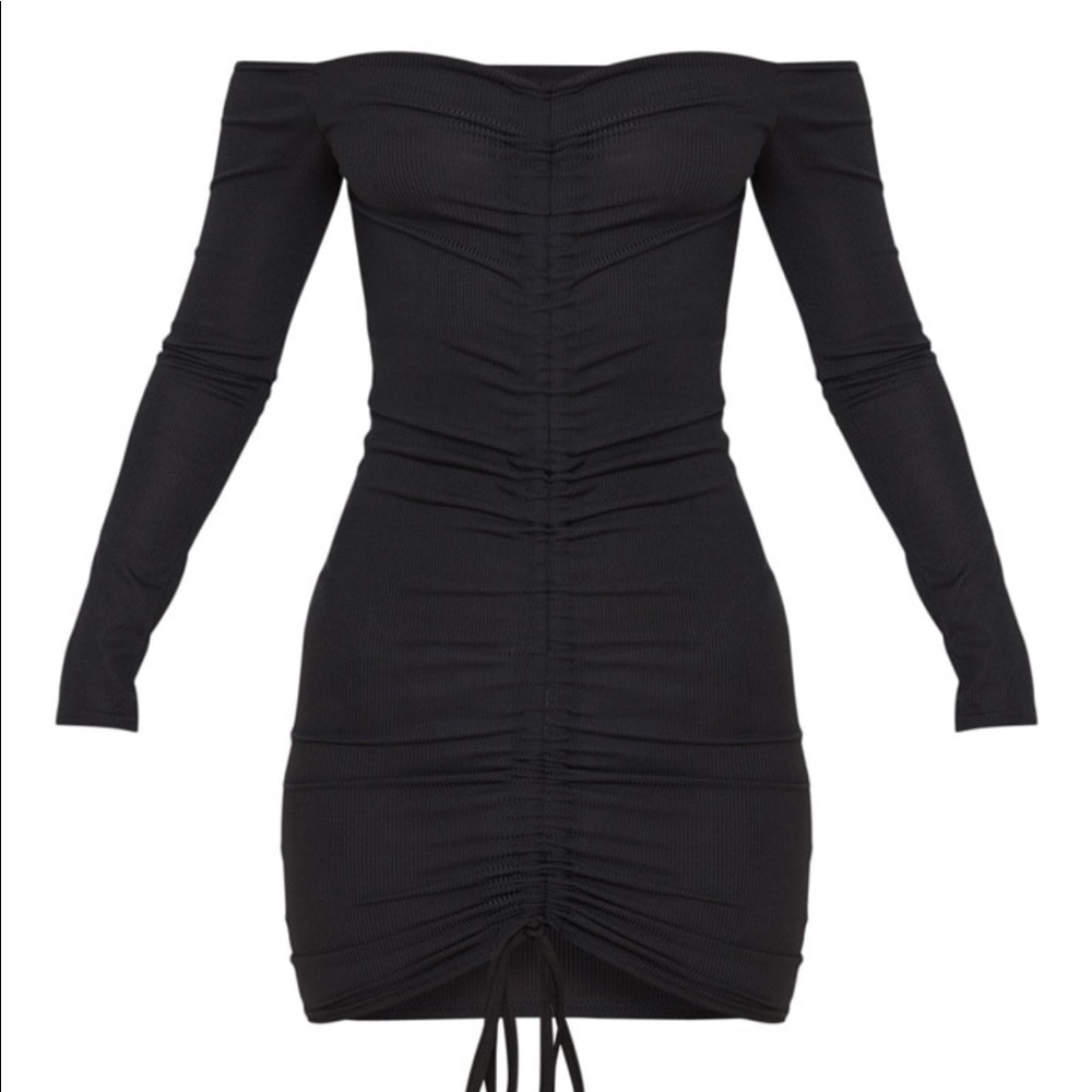 Black Ribbed Long Sleeve Ruched Bodycon Dress